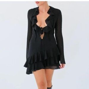 Rumored Waterfall black polka dot sheer mini dress long sleeve‎ small womens nwt